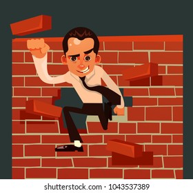 Strong brave businessman office worker character broke brick wall. Vector cartoon illustration