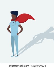 A strong, brave woman doctor, stands guard over your health. A superhero hides in an ordinary person. Research and control of the coronavirus pandemic. Vector graphics. Flat image.