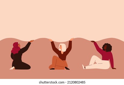 Strong and brave women of different ethnicity holds banner. Sisterhood and females friendship poster. The festive concept for Women's Day and Mother's day. Vector illustration