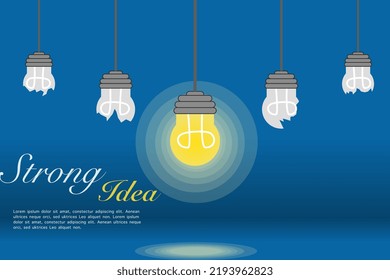 strong brilliant idea concept, strong brilliant idea illustration depicted on a shining lamp among broken lamps, this design is suitable for posters, banners or backgrounds and etc.