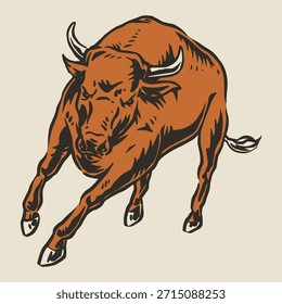 Un toro marrón fuerte salta enérgicamente mostrando sus poderosos músculos. El fondo es simple, enfatizando el movimiento dinámico del toro y su impresionante estatura.