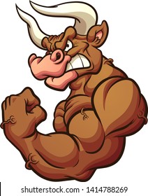 Strong brown bull mascot flexing arm clip art. Vector illustration with simple gradients. All in a single layer. 
