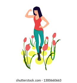 
strong brunette modern stylish woman with tulips the symbol of March 8