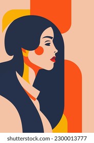 Mujer fuerte de la morena retrato de arte pop color pintura de arte contemporáneo afiche vectorial ilustración plana. Silueta elegante de cabeza femenina con capacidad de potencia con impresión abstracta geométrica de fondo pastel