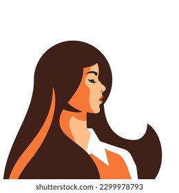 Strong brunette woman with waving long hair pop art pastel paint color avatar vector flat