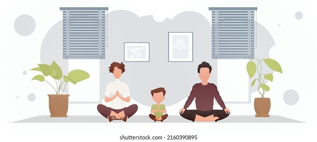 A strong build guy with a beautiful girl and a cute little boy are doing yoga in the room. Yoga. Cartoon style. Vector illustration