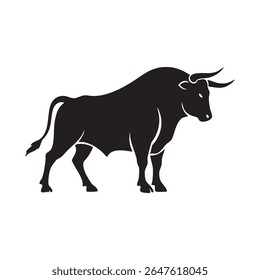 A strong bull is depicted in a bold black silhouette, showcasing its muscular build and powerful presence.