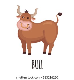 Strong bull in flat style isolated on white background. Vector illustration. Farm animal. Cartoon bull.