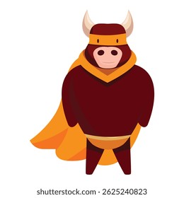 Strong bull superhero character wearing a costume and cape, standing confidently, embodying power and bravery