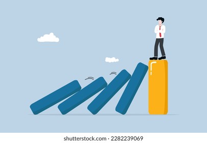 Strong business during recession, well-prepared management against negative economic impact, surviving company concept, Businessman standing on strong bar graph unaffected by domino effect.