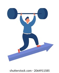 Strong business man with heavy barbell on arrow reaching up. Metaphor for progress or career growth, financial stability flat vector illustration. Challenge, strength, success concept for banner
