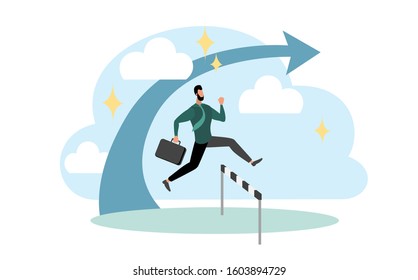 A strong business man is jumping over obstacles on the way to the goal. Concept flat design
