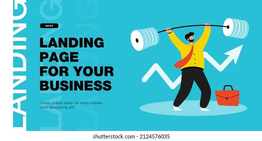 Strong business man lifting up heavy barbell. Employee weightlifting, tough task, effort and progress metaphor flat vector illustration. Success, challenge, finances, growth concept for website design