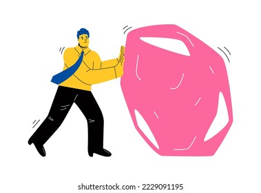 Strong business man pushes a large stone. Metaphor of efforts in achieving goals. Flat vector illustration isolated on white background

