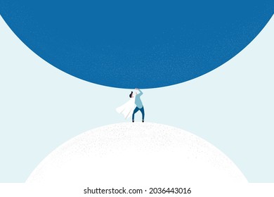 Strong business man superhero vector concept. Symbol of strength, courage, power. Businessman lifting a heavy ball. business illustration. Businessman pushing huge stone up. problem crisis