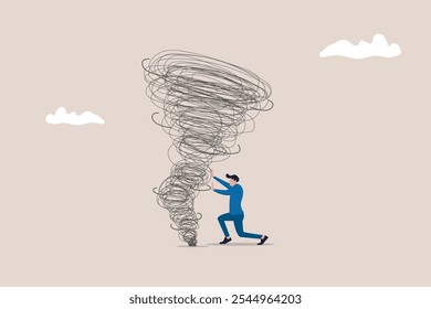 Strong business man vector concept. Symbol of strength, courage, power. Businessman push a tornado. business illustration. Businessman pushing huge stone up. problem crisis