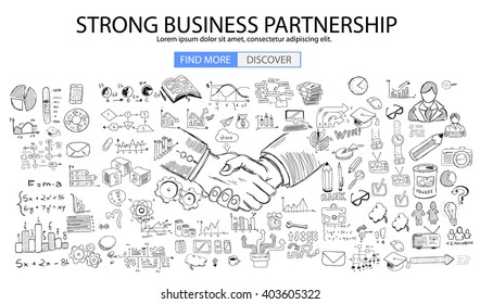 Strong Business Partnership concept wih Doodle design style :finding solution, brainstorming, creative thinking. Modern style illustration for web banners, brochure and flyers.