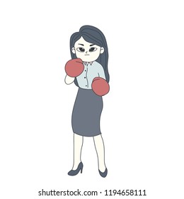 The strong business woman is feeling concentrated. Business war concept design of vector.  Woman is single mom concept.  Doodle art style. 