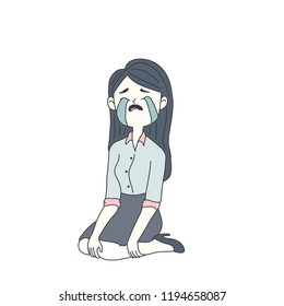 The strong business woman is feeling sad. She is hard crying. Woman face a problem. Single mom concept design of vector. Doodle art style. 