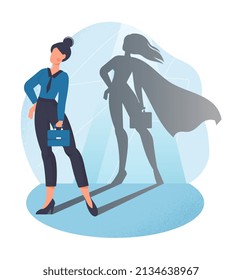 Strong business woman. Girl stands with shadow of superhero, employee or boss. Feminism and womens power, equal rights. Successful entrepreneur with suitcase. Cartoon flat vector illustration