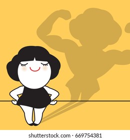 Strong Business Woman With Muscular Shadow Arms Showing Strength Sign Concept Card Character illustration