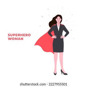 Mujer fuerte de negocios con una sombra imaginando ser una súper heroína que parece aspirada. Joven gerente profesional. Concepto de victoria de logros de la oficina. Ovando la capa. Ilustración vectorial plana Estilo simple.