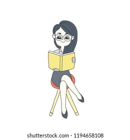 The strong business woman is sit down on the chair and reading her favorite book. Single mom concept design of vector.  Doodle art style. 