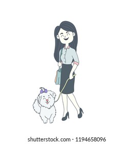 the strong business woman is walking with her dog. Single mo concept design of vector. Doodle art style. 