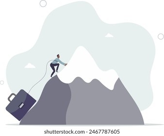 strong businessman drag big business briefcase up hill.flat vector illustration.