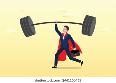 Strong businessman hero show his strength by easy lifting heavy weight, Business Strengths, strong power to get job done and success, career challenge or winning skill with strong leadership (Vector)