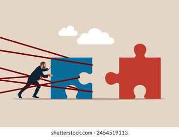 Strong businessman with a jigsaw puzzle trying to pushing away with full effort. Business difficulty or struggle with career to overcome to success. Symbol of working together, cooperation.