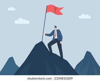 Strong businessman leading to success for organizations, Business leadership personality working to raise the flag of victory on the top of the highest mountain. 
Vector design illustration.