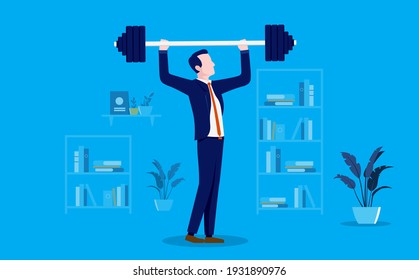 Strong businessman - Man lifting weight and working out indoors in office. Business strength metaphor. Vector illustration.