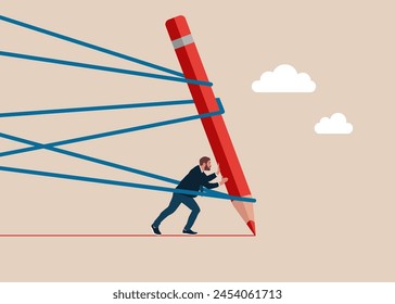 Strong businessman with a pencil trying to run away with full effort. Business difficulty or struggle with career to overcome to success. Flat vector illustration