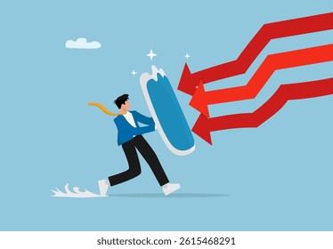 Strong Businessman Protecting from Threat with Shield. Flat Vector Illustration for Risk Management and Business Security Concept