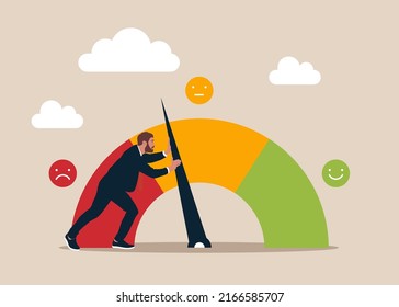 Strong businessman pull the arrow to make rating gauge to be excellent. Performance rating or customer feedback, credit score or satisfaction measurement, quality control or improvement.