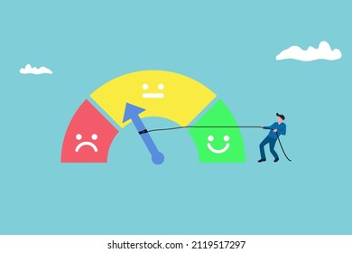 un hombre de negocios fuerte tira de la cuerda para hacer que el calibre sea excelente. ilustración del medidor de satisfacción del cliente. Diferentes emociones diseñan el arte desde el rojo hasta el verde.