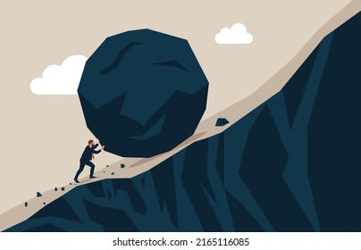 Strong businessman pushing huge stone up the hill. Business problem crisis hardship and burden concept. Vector Illustration.