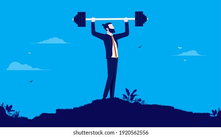 Strong businessman staying in shape - Man lifting weight on hilltop. Powerful and masculinity concept. Vector illustration.