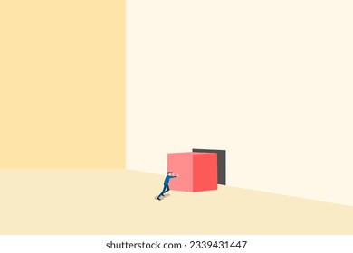 Strong businessman vector concept. Symbol of strength, courage, power. Businessman pushing a big cube to hole. business illustration. Businessman pushing huge stone up. problem crisis