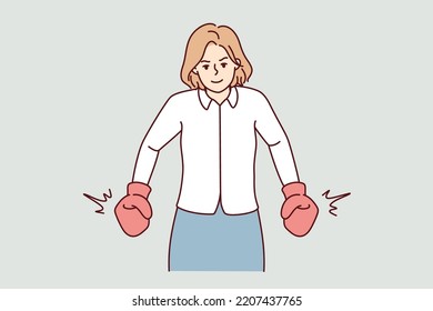 Strong businesswoman in boxing gloves show leadership and power. Powerful female employee or worker demonstrate strength. Vector illustration. 