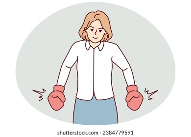 Strong businesswoman in boxing gloves show leadership and power. Powerful female employee or worker demonstrate strength. Vector illustration.