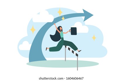 A strong businesswoman is jumping over obstacles on the way to the goal. Concept flat design