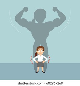 Strong businesswoman with muscular shadow arms, vector illustration cartoon