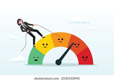 Strong businesswoman pull the string to make rating gauge to be excellent, performance rating or customer feedback, credit score or satisfaction measurement, quality control or improvement concept