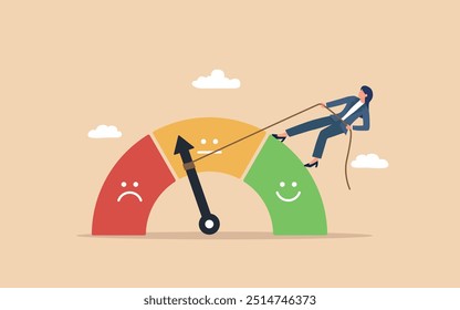 Strong businesswoman pulls a string to improve rating gauge, representing performance rating, customer feedback, credit score, or quality control for improvement and satisfaction measurement.