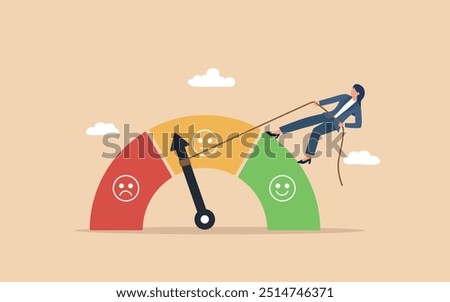 Strong businesswoman pulls a string to improve rating gauge, representing performance rating, customer feedback, credit score, or quality control for improvement and satisfaction measurement.