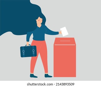 Strong businesswoman putting the ballot paper into the box. Young woman go to the voting station to exercise her political and social right. Concept of women's suffrage and right to vote and democracy