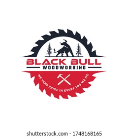 A strong carpenter's logo with a formidable black bull, woodworking logo, construction logo 