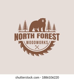 A strong carpenter's logo with a Grizzly Brown Bear, woodworking logo, construction logo